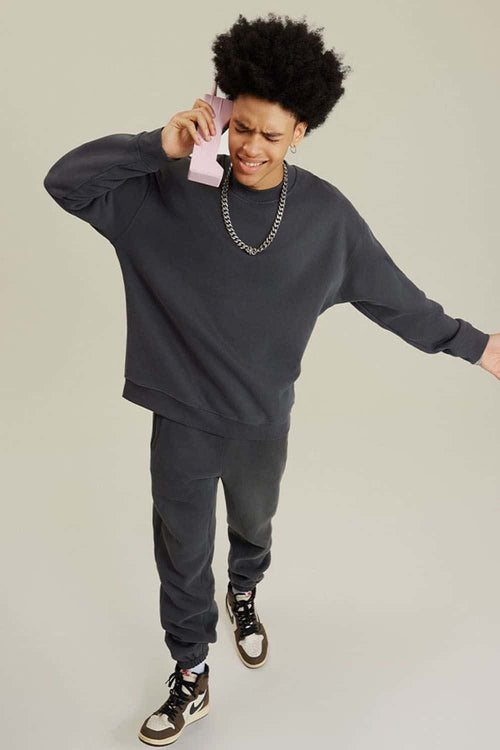 Heavyweight Brushed Fleece Relaxed Crew-Neck Sweatshirt in Medium Gray - full-length front modeled view