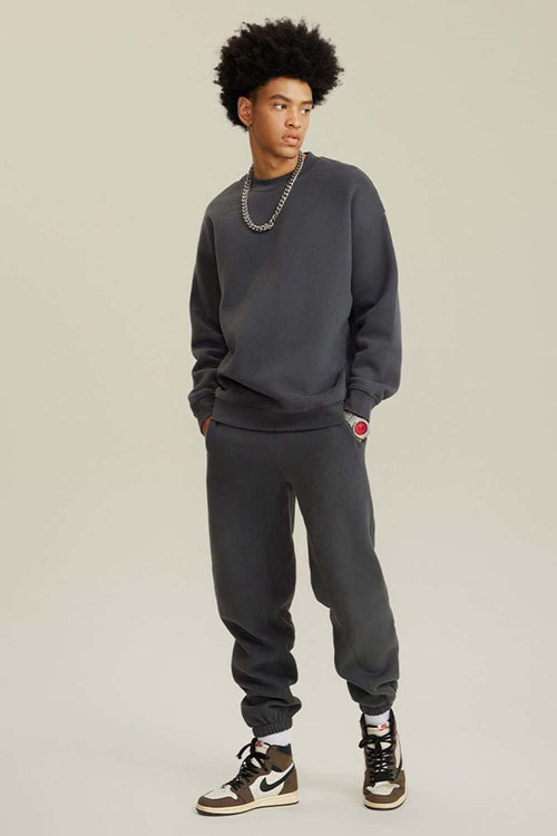 Heavyweight Brushed Fleece Relaxed Crew-Neck Sweatshirt in Medium Gray - full-length front modeled view