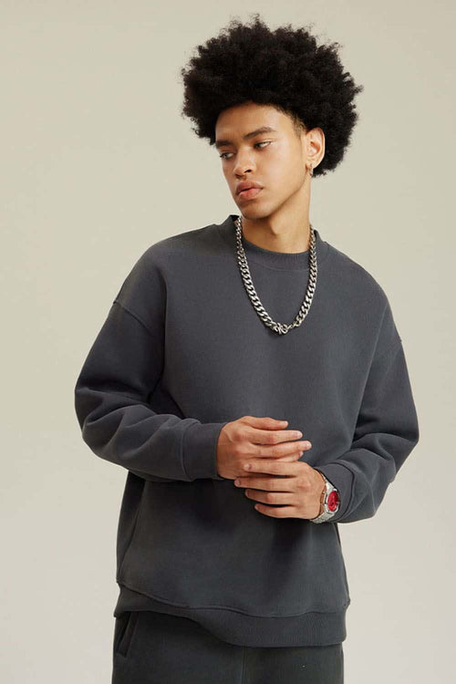 Heavyweight Brushed Fleece Relaxed Crew-Neck Sweatshirt in Medium Gray - front modeled view