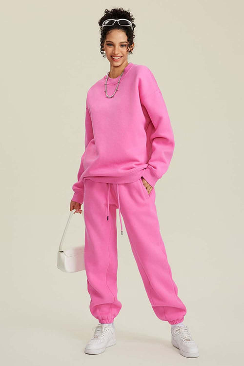 Heavyweight Brushed Fleece Relaxed Crew-Neck Sweatshirt in Rose Pink - full-length front modeled view