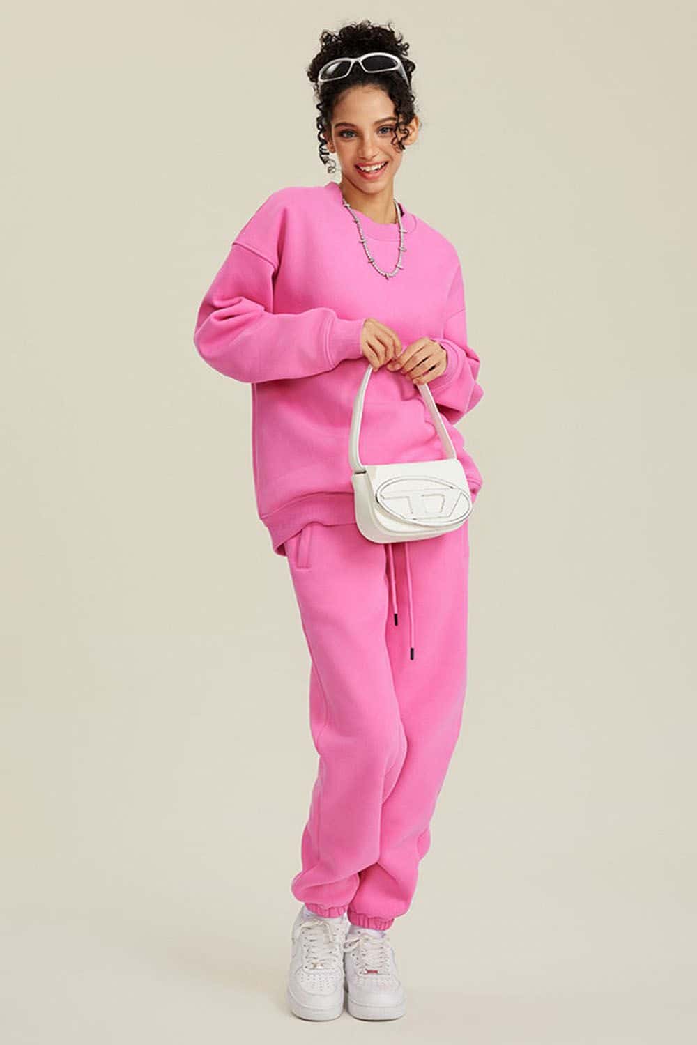 Heavyweight Brushed Fleece Relaxed Crew-Neck Sweatshirt in Rose Pink - full-length front modeled view