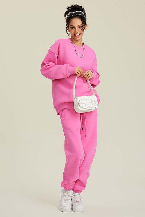 Heavyweight Brushed Fleece Relaxed Crew-Neck Sweatshirt in Rose Pink - full-length front modeled view