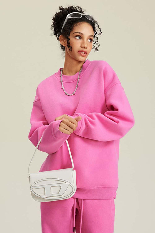 Heavyweight Brushed Fleece Relaxed Crew-Neck Sweatshirt in Rose Pink - front modeled view