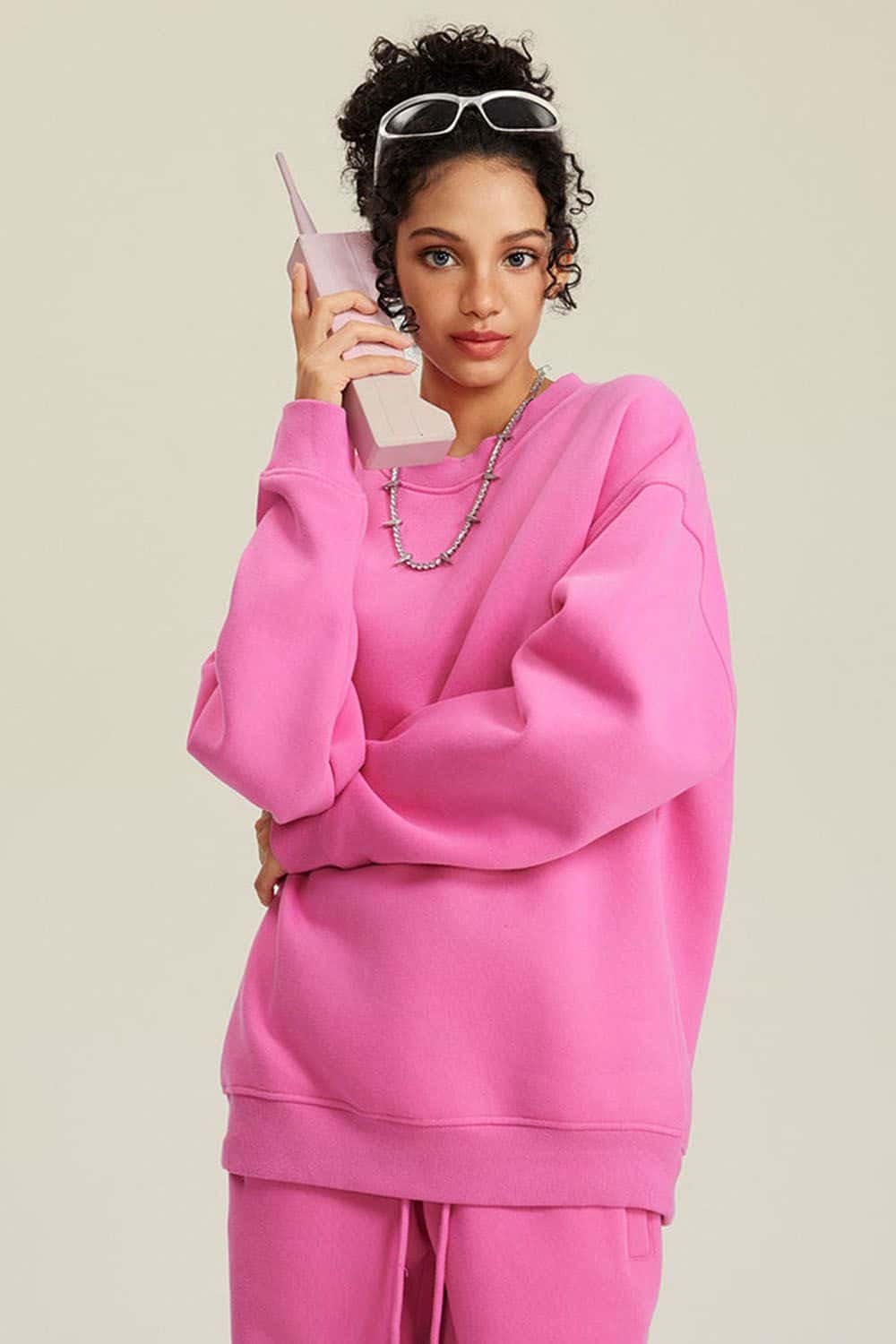 Heavyweight Brushed Fleece Relaxed Crew-Neck Sweatshirt in Rose Pink - front modeled view