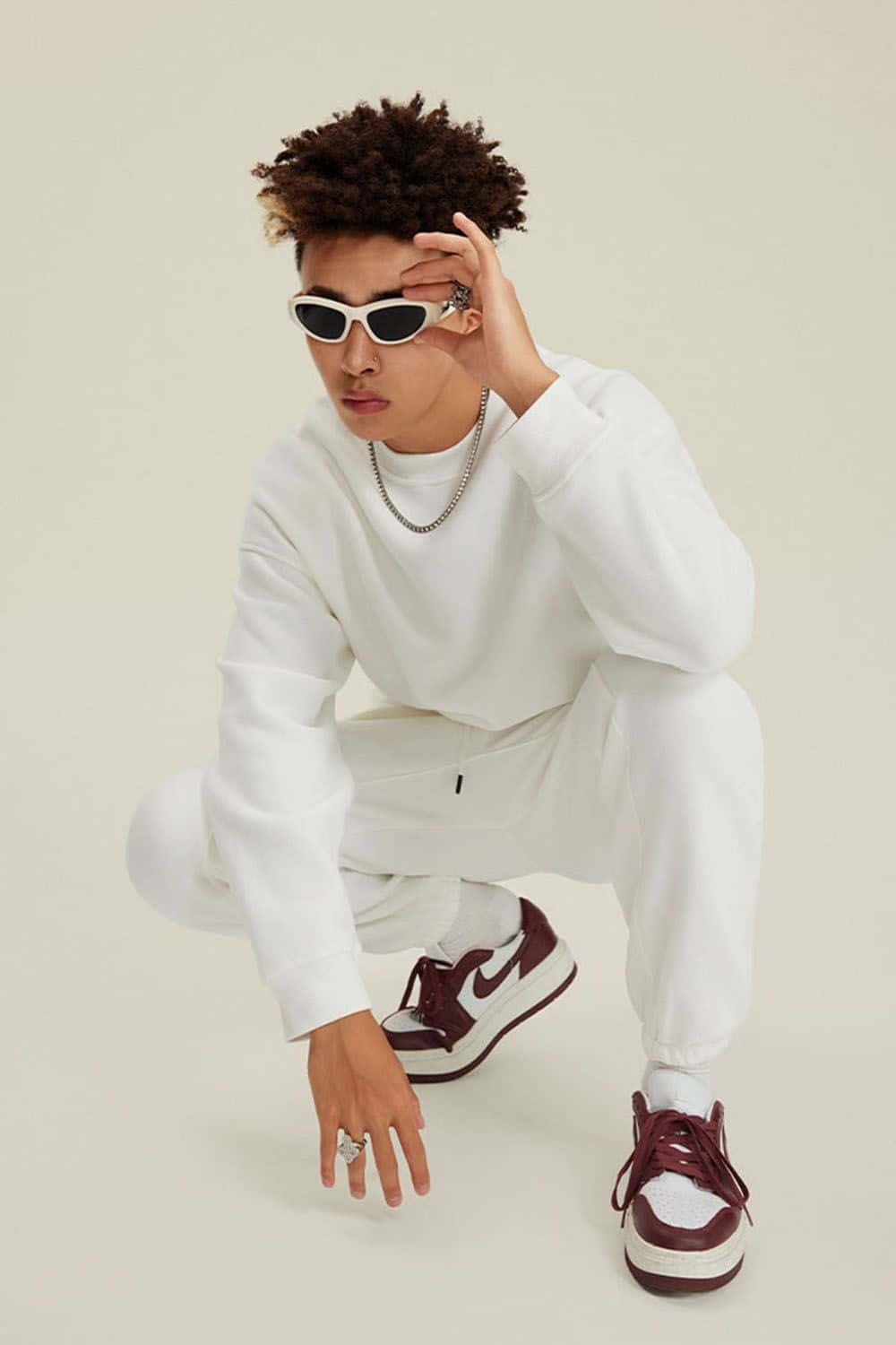 Heavyweight Brushed Fleece Relaxed Crew-Neck Sweatshirt in White - front modeled view