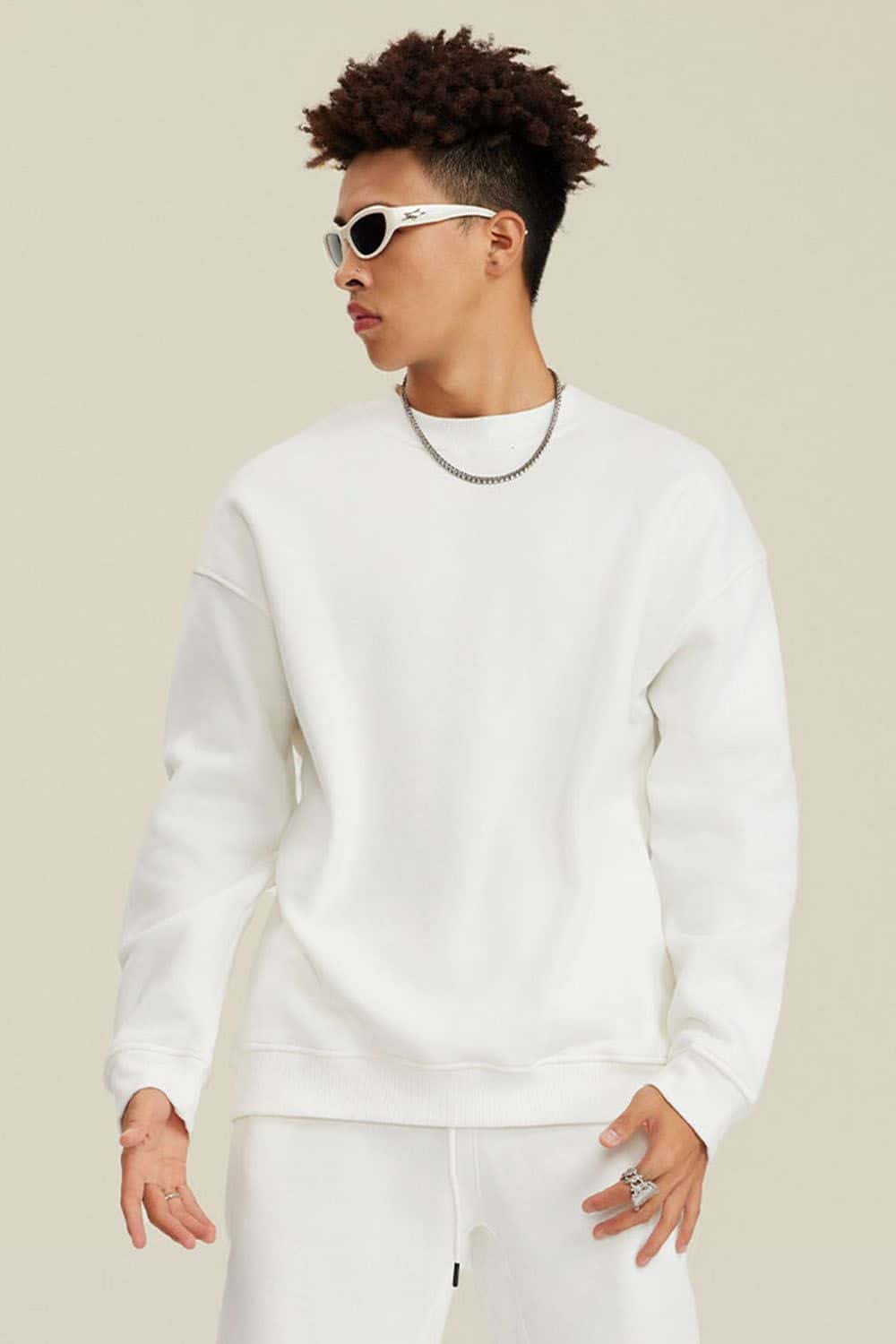 Heavyweight Brushed Fleece Relaxed Crew-Neck Sweatshirt in White - front modeled view
