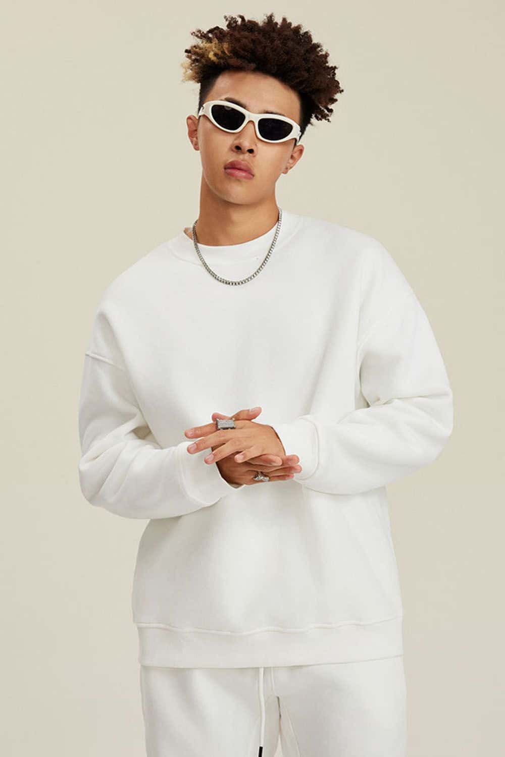 Heavyweight Brushed Fleece Relaxed Crew-Neck Sweatshirt in White - front modeled view