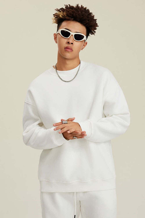 Heavyweight Brushed Fleece Relaxed Crew-Neck Sweatshirt in White - front modeled view