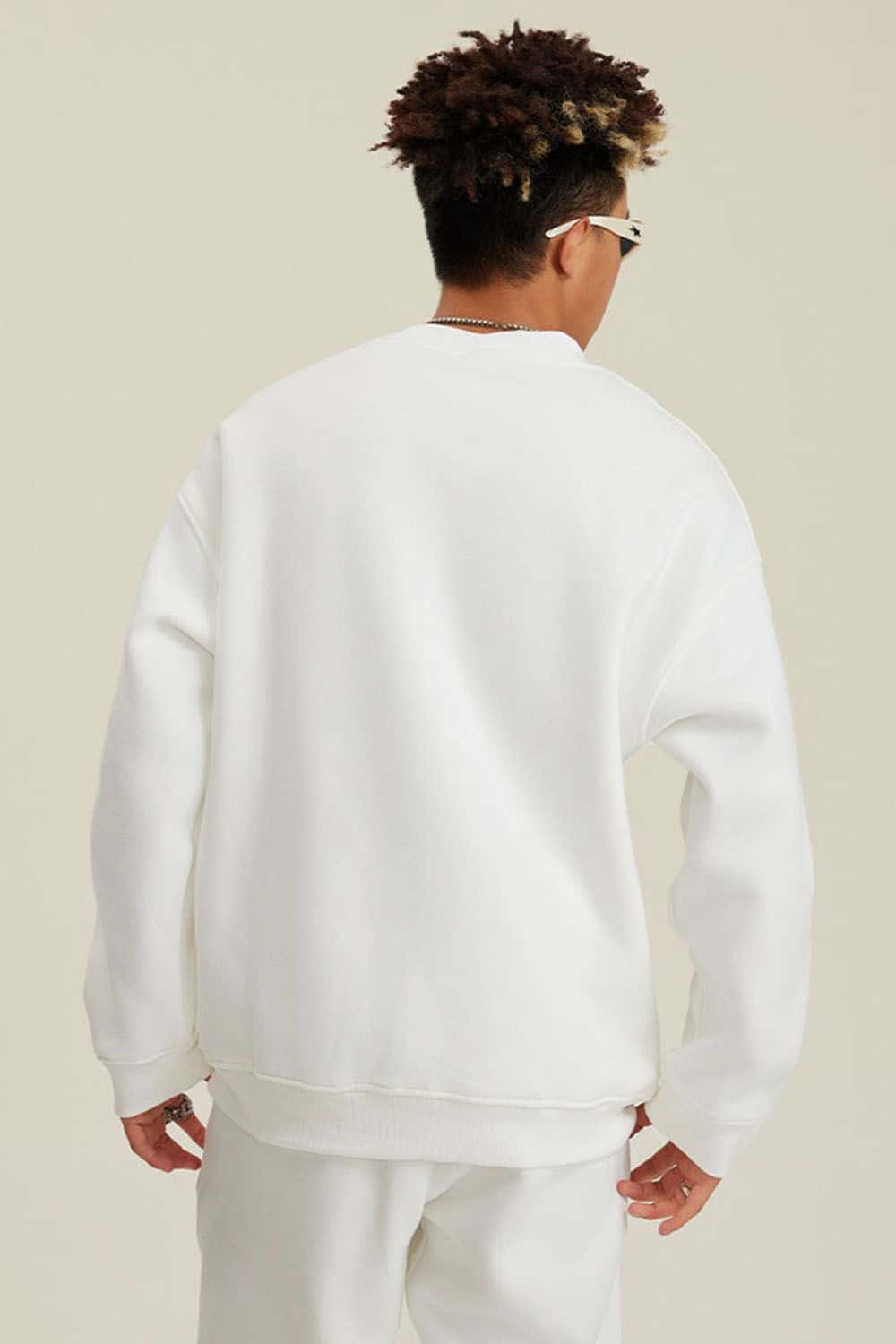 Heavyweight Brushed Fleece Relaxed Crew-Neck Sweatshirt in White - back modeled view