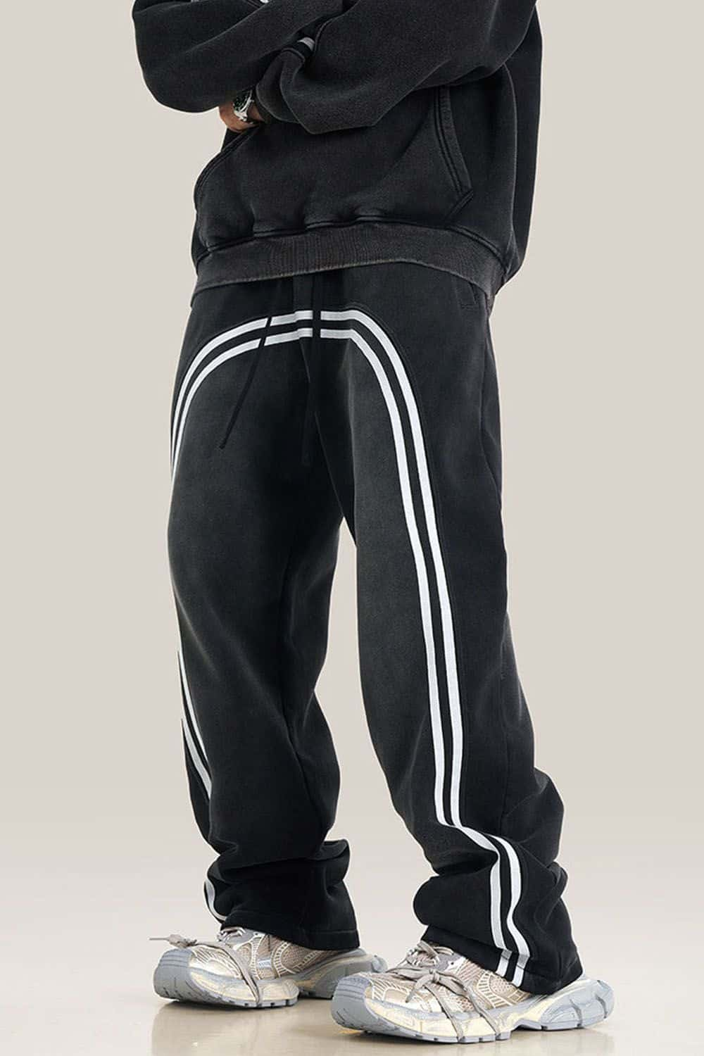 Streetwear Fleece-Lined Wide Leg Track Pants with Stripe Detail