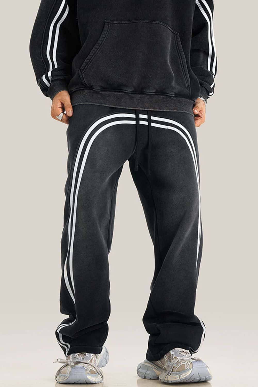 Streetwear Fleece-Lined Wide Leg Track Pants with Stripe Detail