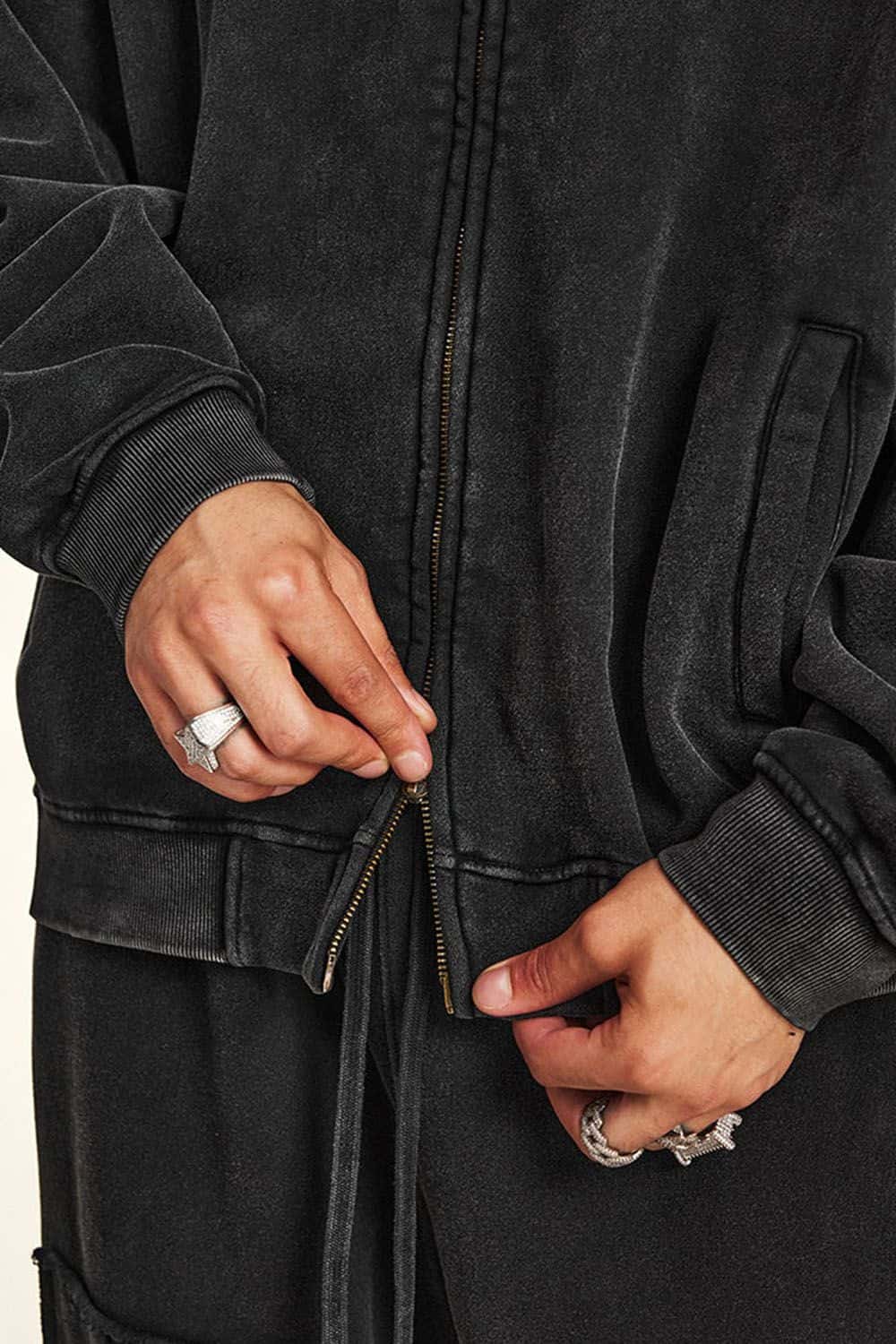 High Street Vintage Wash Fleece-Lined Zip-Up Hoodie