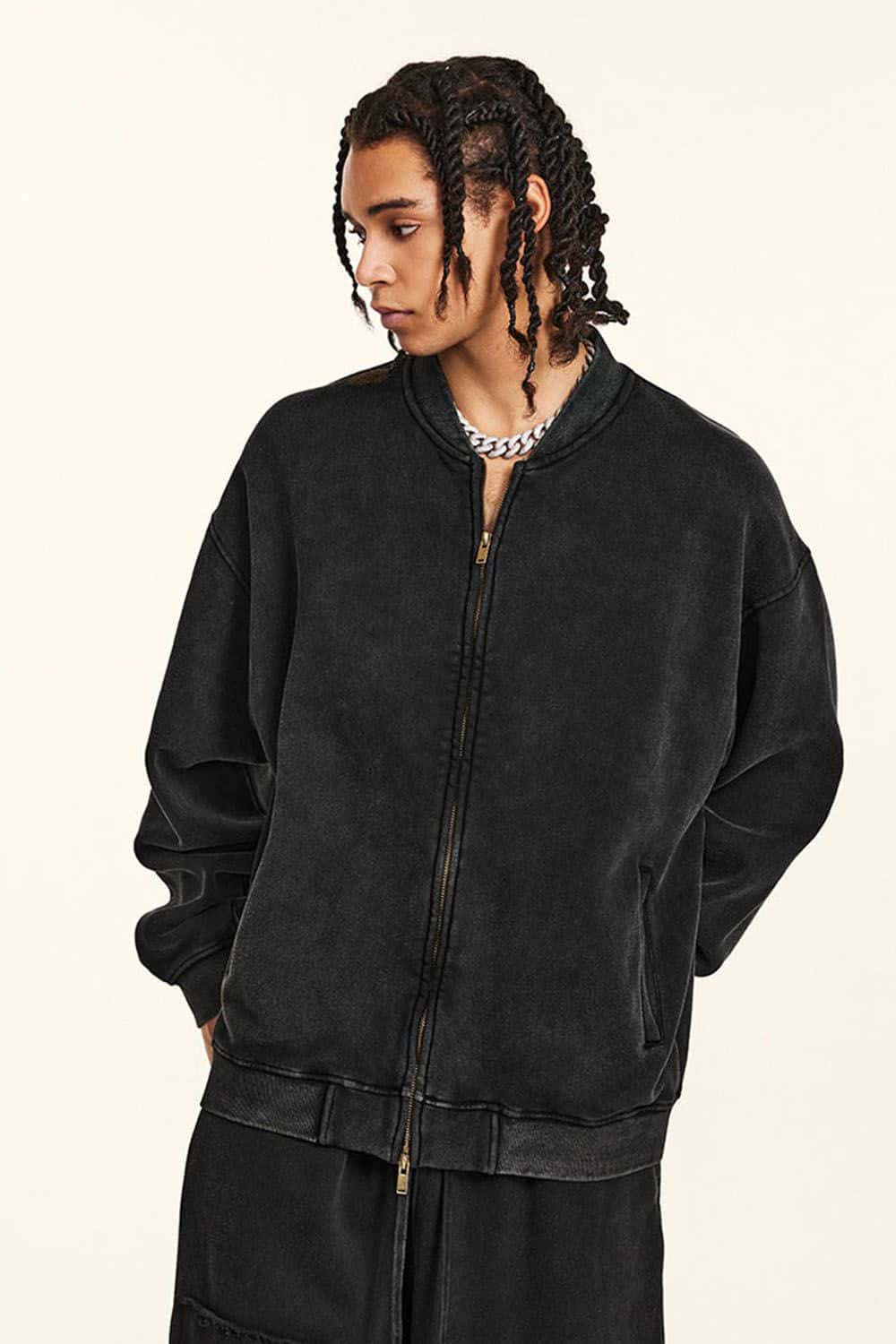 High Street Vintage Wash Fleece-Lined Zip-Up Hoodie