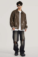 Waxed Washed Faux Leather Jacket - Brown