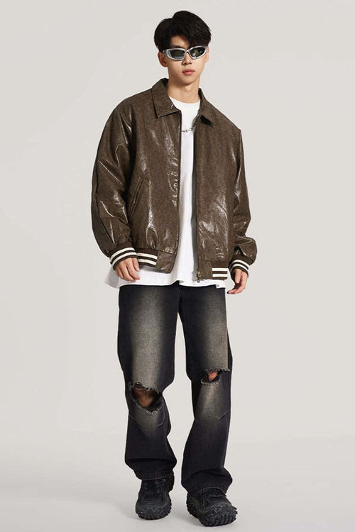 Waxed Washed Faux Leather Jacket - Brown