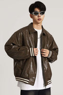 Waxed Washed Faux Leather Jacket - Brown