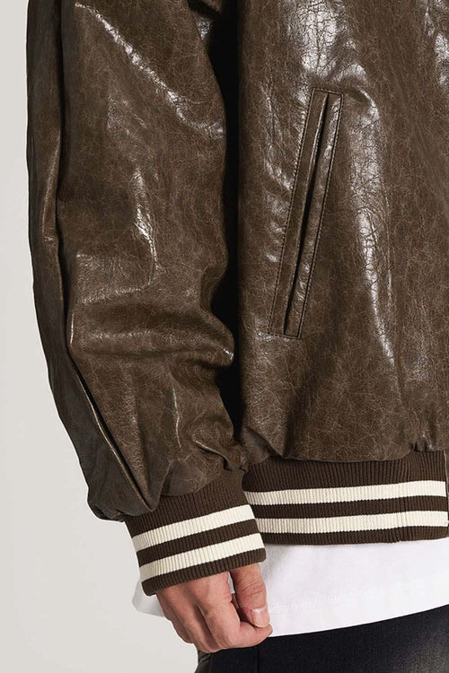Waxed Washed Faux Leather Jacket - Brown