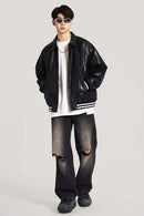 Waxed Washed Faux Leather Jacket - Black