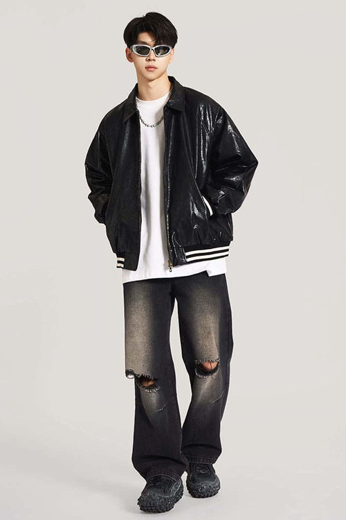 Waxed Washed Faux Leather Jacket - Black