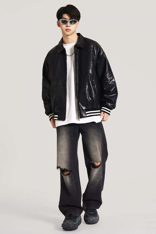 Waxed Washed Faux Leather Jacket - Black