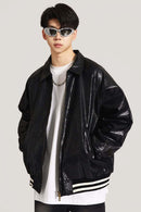 Waxed Washed Faux Leather Jacket - Black