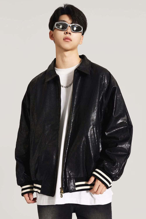 Waxed Washed Faux Leather Jacket - Black