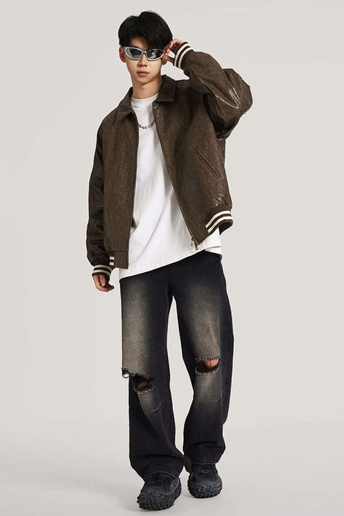 Waxed Washed Faux Leather Jacket - Brown
