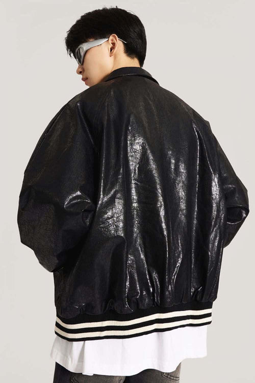 Waxed Washed Faux Leather Jacket - Black