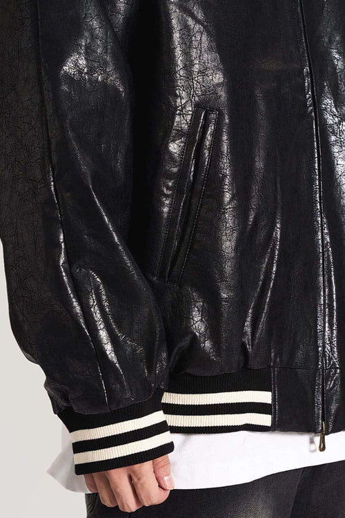 Waxed Washed Faux Leather Jacket - Black