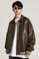 Waxed Washed Faux Leather Jacket - Brown