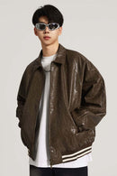 Waxed Washed Faux Leather Jacket - Brown
