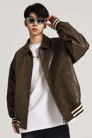Waxed Washed Faux Leather Jacket - Brown