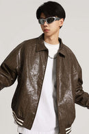 Waxed Washed Faux Leather Jacket - Brown