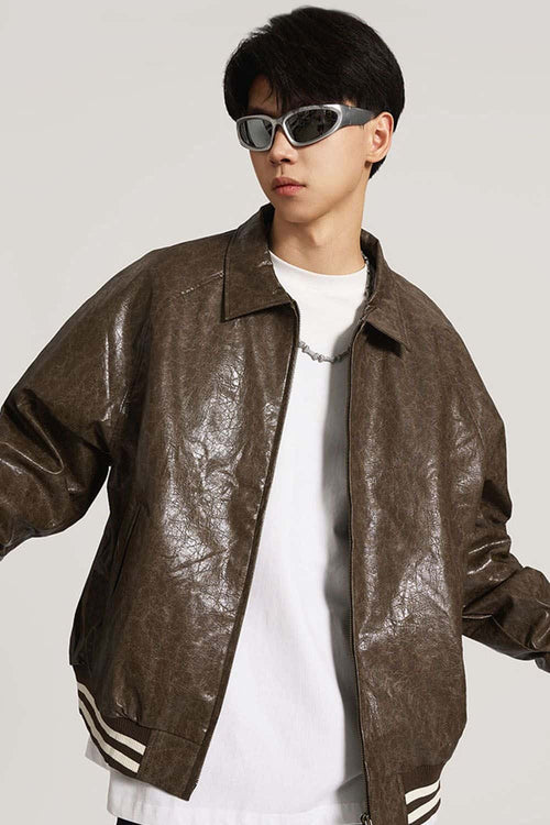Waxed Washed Faux Leather Jacket - Brown