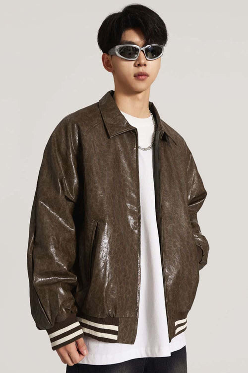 Waxed Washed Faux Leather Jacket - Brown