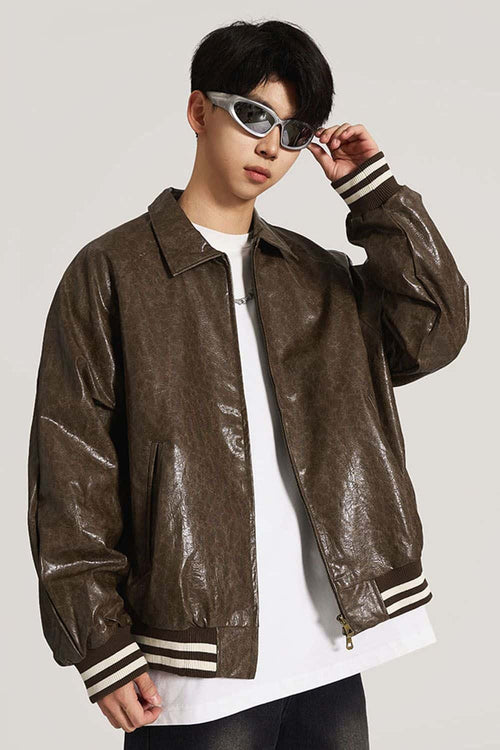 Waxed Washed Faux Leather Jacket - Brown