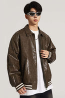 Waxed Washed Faux Leather Jacket - Brown