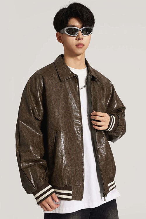 Waxed Washed Faux Leather Jacket - Brown