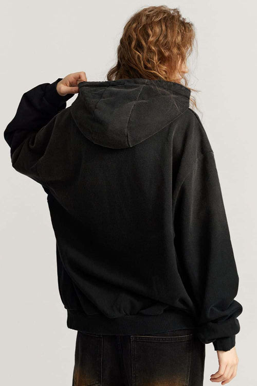 Ultra-Heavyweight Gradient-Wash Distressed Hoodie in Active Black - back modeled close-up