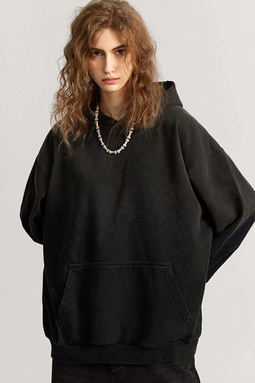 Ultra-Heavyweight Gradient-Wash Distressed Hoodie in Active Black - front modeled close-up