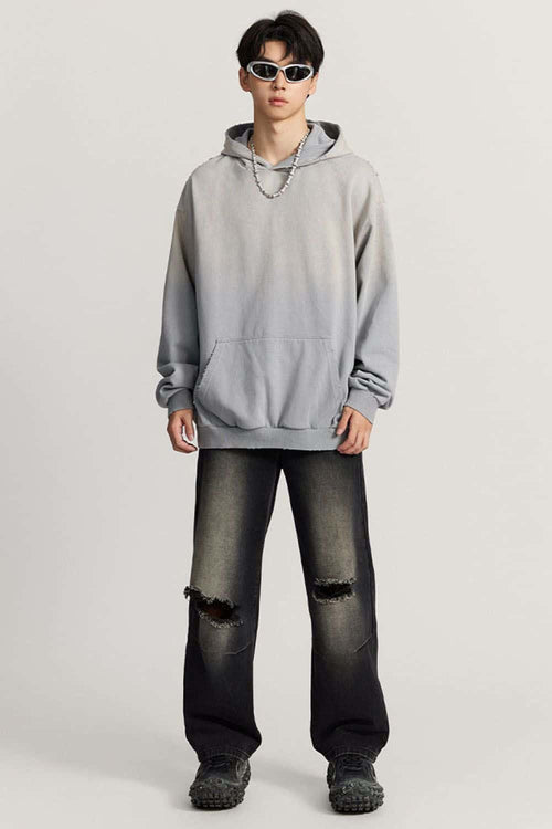Ultra-Heavyweight Gradient-Wash Distressed Hoodie in Medium Gray - full-length front modeled view
