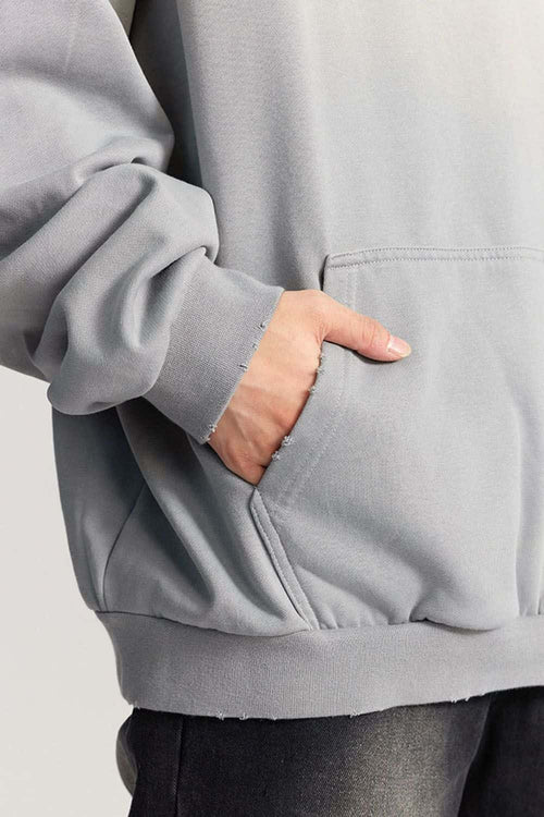 Ultra-Heavyweight Gradient-Wash Distressed Hoodie in Medium Gray - product detail close-up