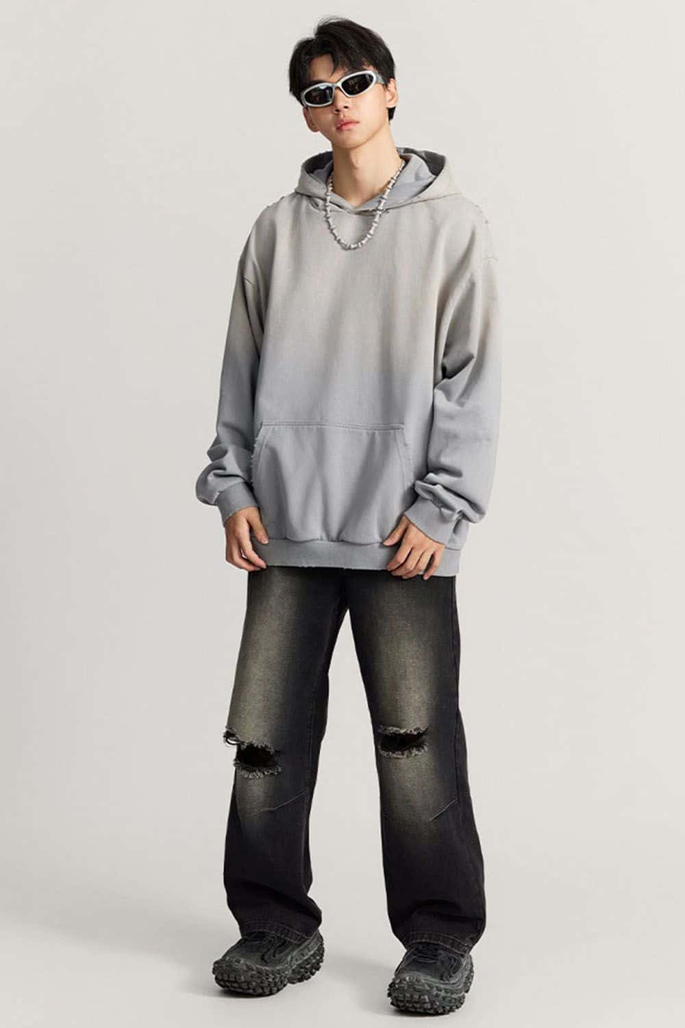 Ultra-Heavyweight Gradient-Wash Distressed Hoodie in Medium Gray - full-length front modeled view