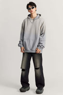Ultra-Heavyweight Gradient-Wash Distressed Hoodie in Medium Gray - full-length front modeled view