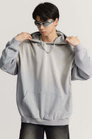 Ultra-Heavyweight Gradient-Wash Distressed Hoodie in Medium Gray - front modeled close-up