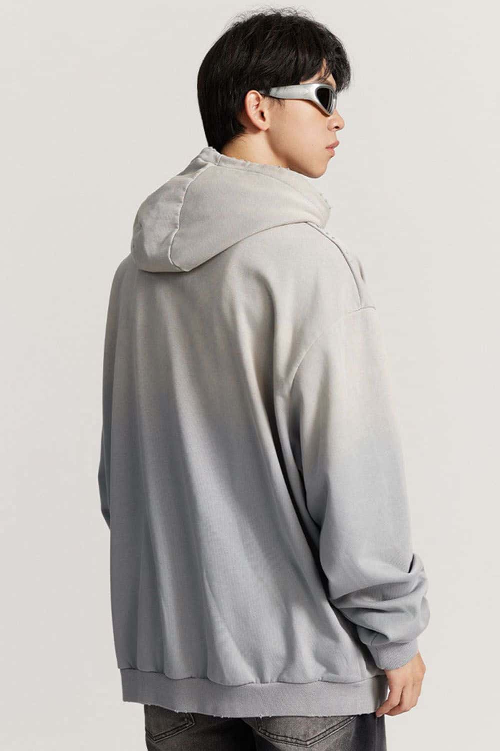 Ultra-Heavyweight Gradient-Wash Distressed Hoodie in Medium Gray - rear three-quarter modeled view