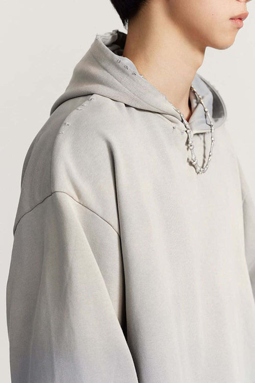 Ultra-Heavyweight Gradient-Wash Distressed Hoodie in Medium Gray - product detail close-up