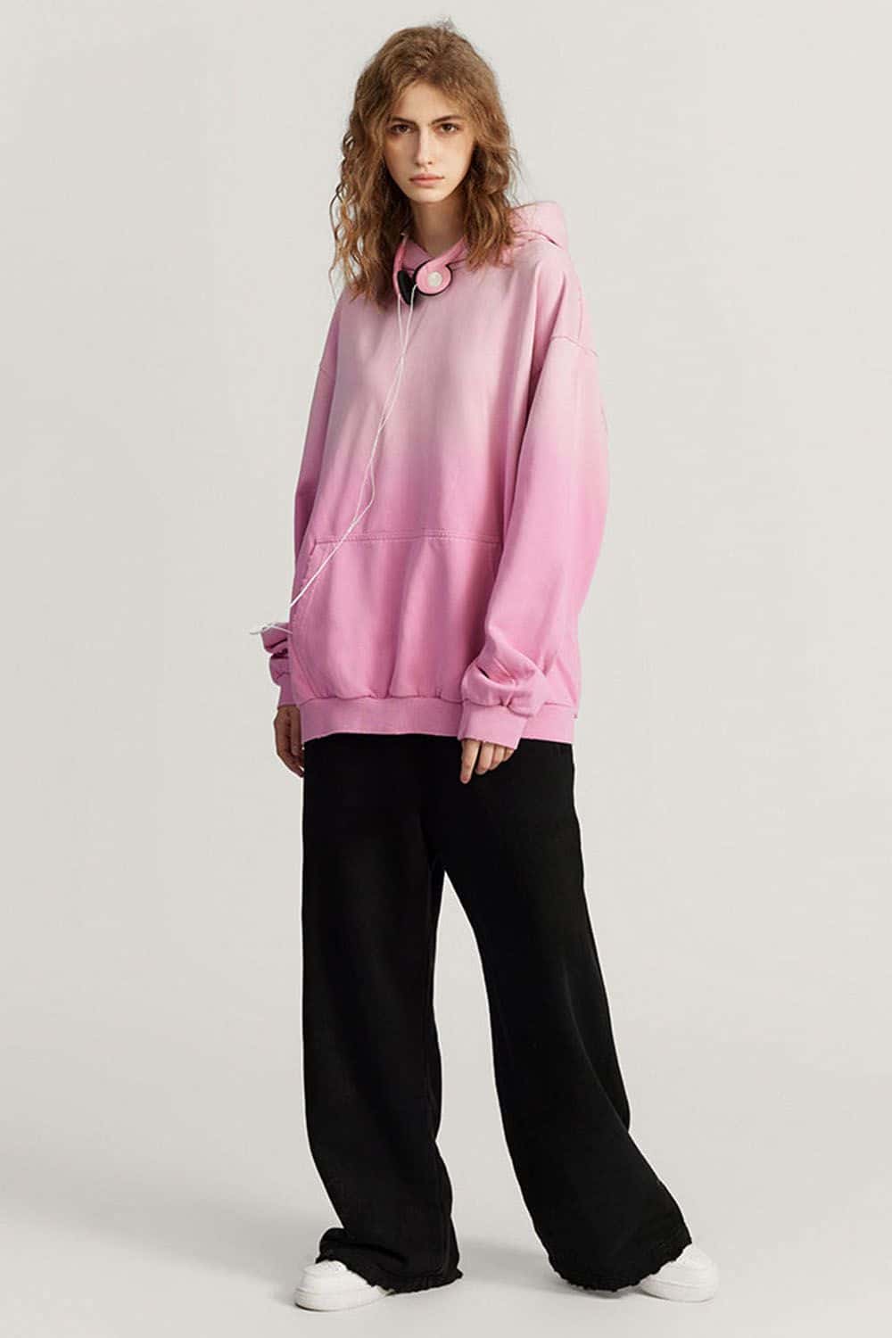 Ultra-Heavyweight Gradient-Wash Distressed Hoodie in Rose Pink - full-length front modeled view