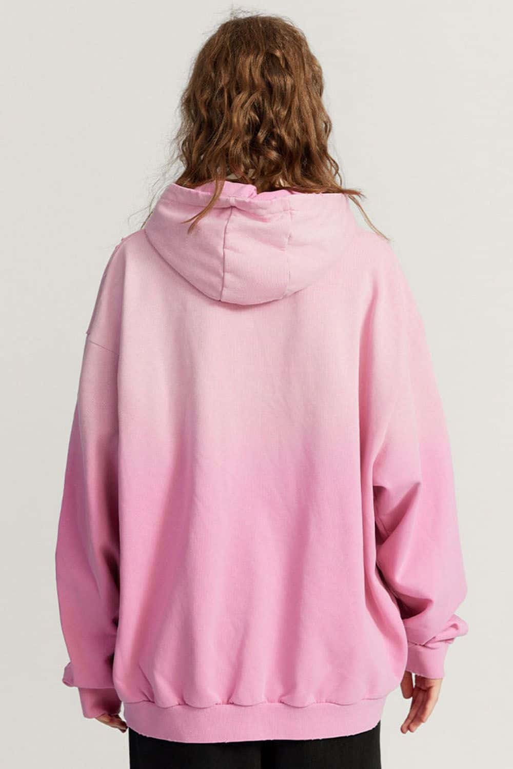 Ultra-Heavyweight Gradient-Wash Distressed Hoodie in Rose Pink - back modeled view