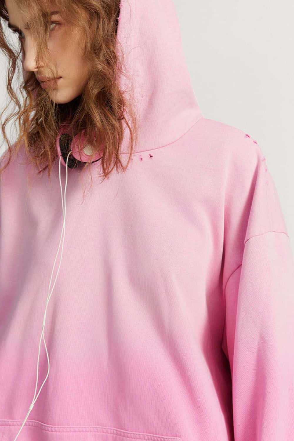 Ultra-Heavyweight Gradient-Wash Distressed Hoodie in Rose Pink - product detail close-up